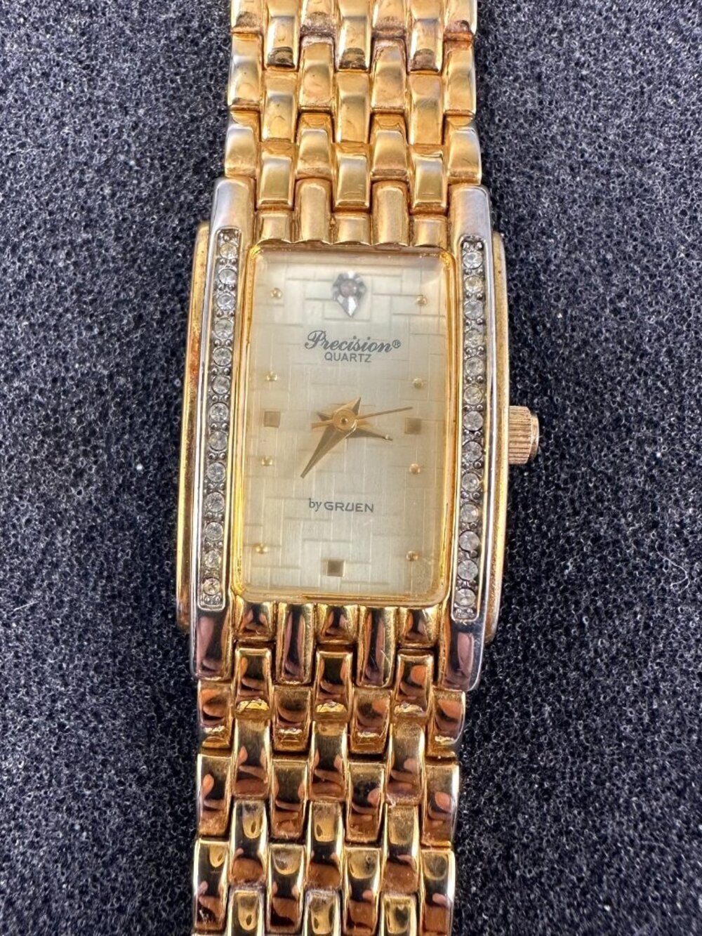 Precision by Gruen Watch Women Gold Tone Rectangle Crystal Bezel New Battery 7"